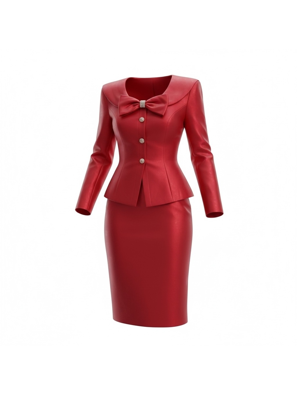 Red Bow Detail Rhinestone Skirt Suit